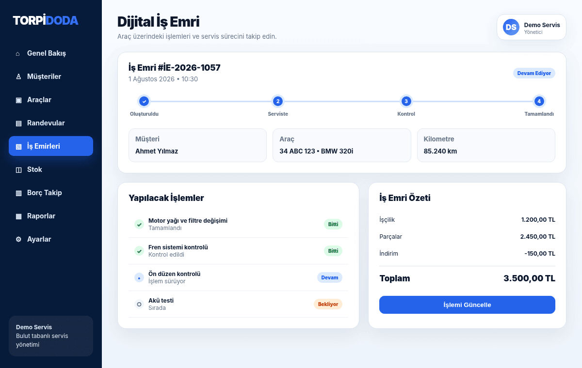 Torpidoda dijital iş emri ekranı